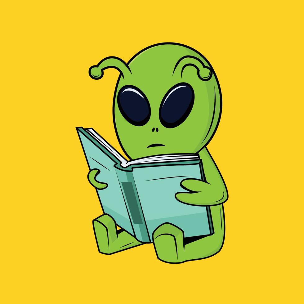 mignonne extraterrestre en train de lire livre dessin animé autocollant vecteur illustration