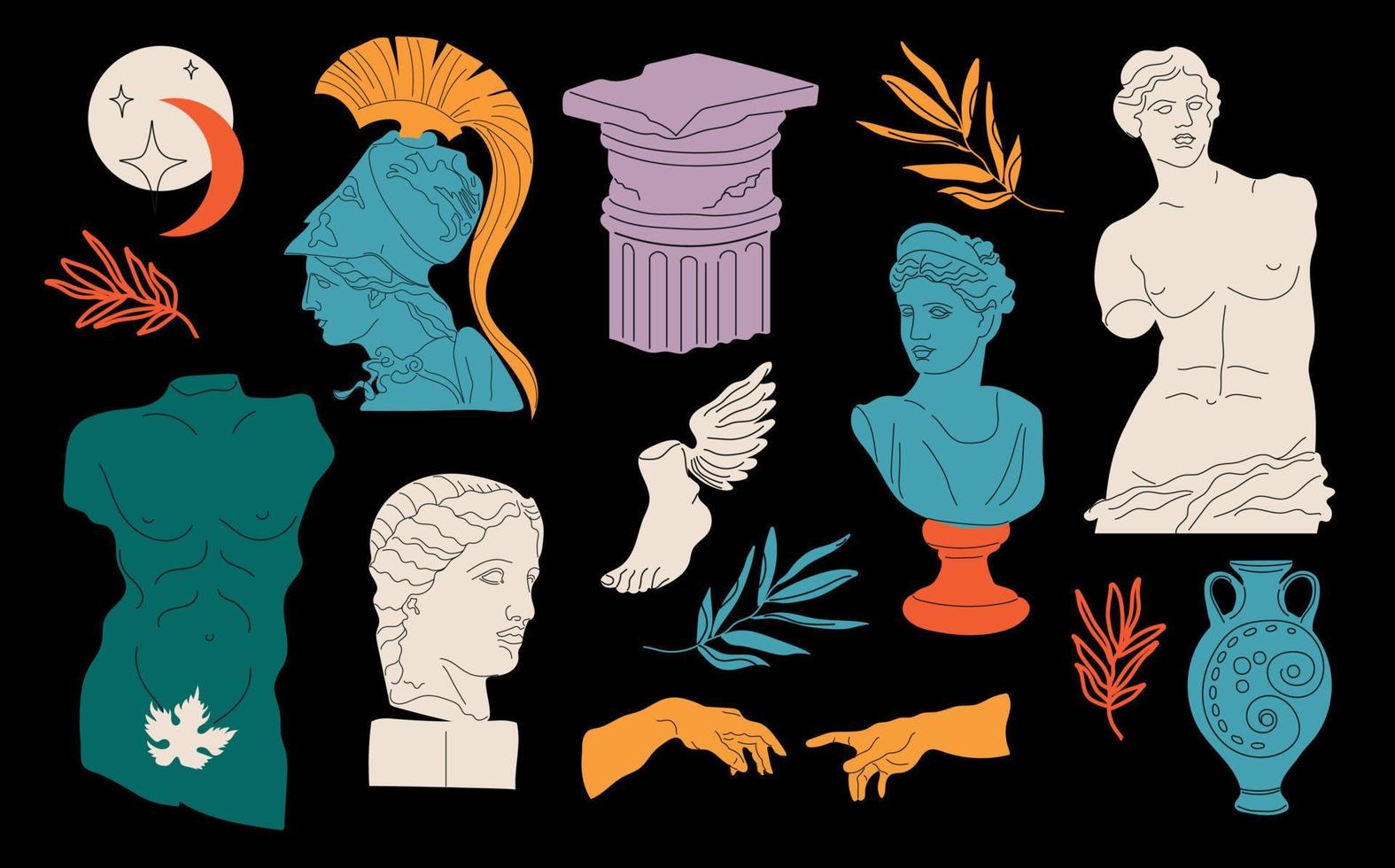 ensemble de antique statues. vecteur main tiré des illustrations de ancien classique statues dans branché bohémien style. têtes, bifurquer, vase, colonne, bras, torse, étoiles. mythique, ancien grec style.