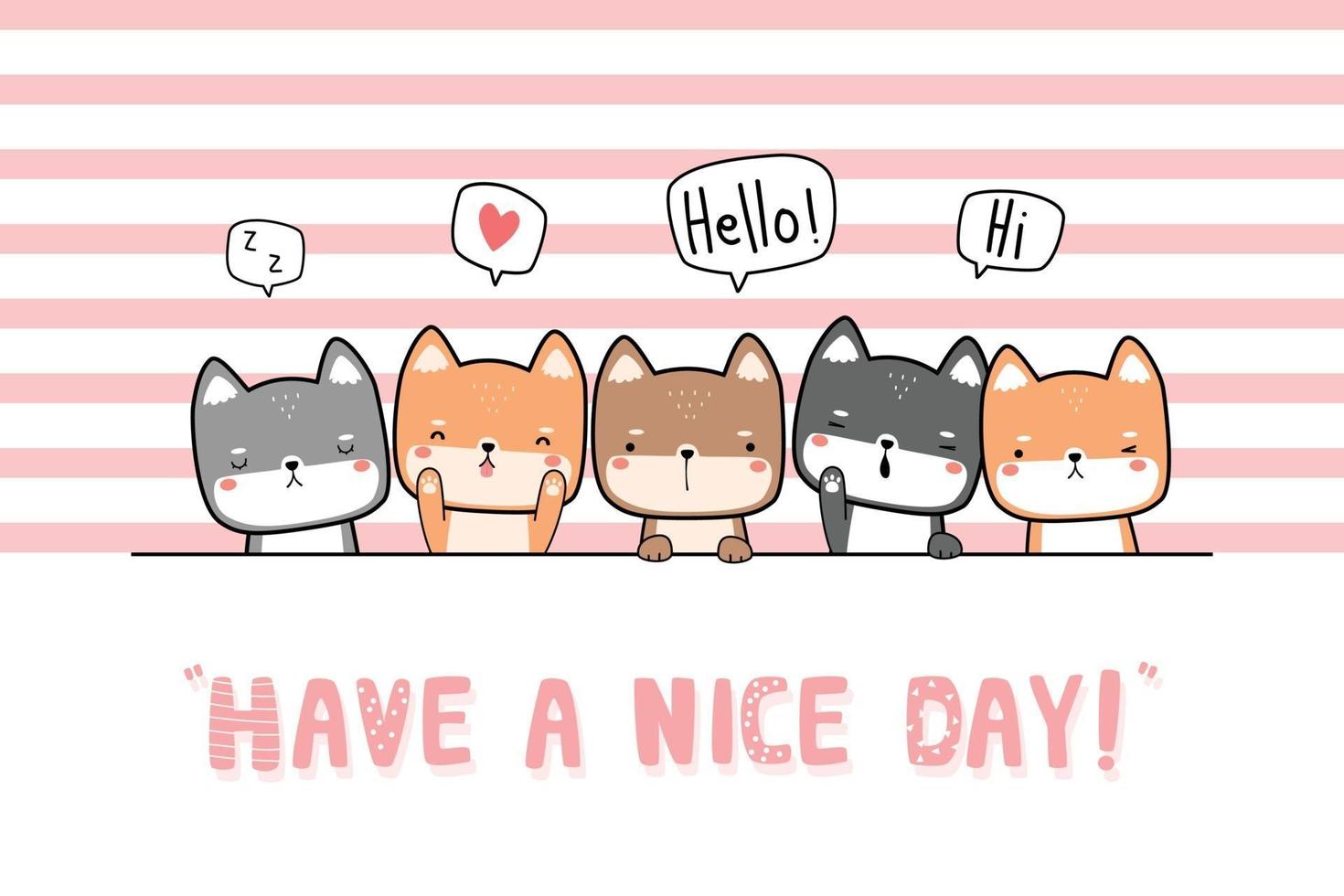 Carte de doodle de dessin animé mignon shiba inu chiot amis salutation vecteur