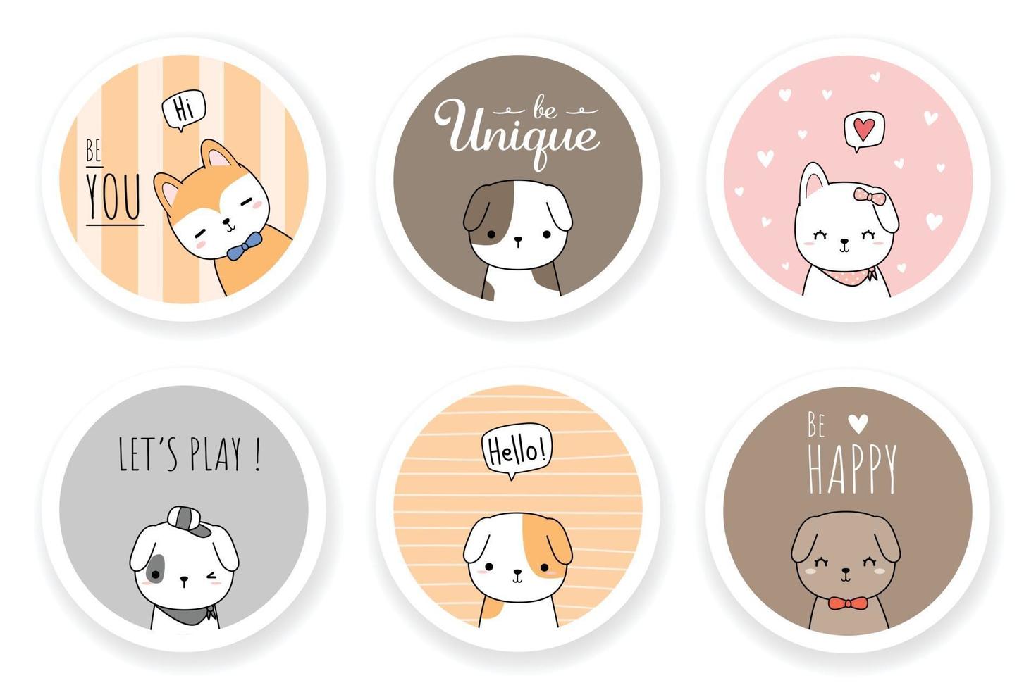 chien mignon chiot ami salutation dessin animé doodle jeu de badges vecteur