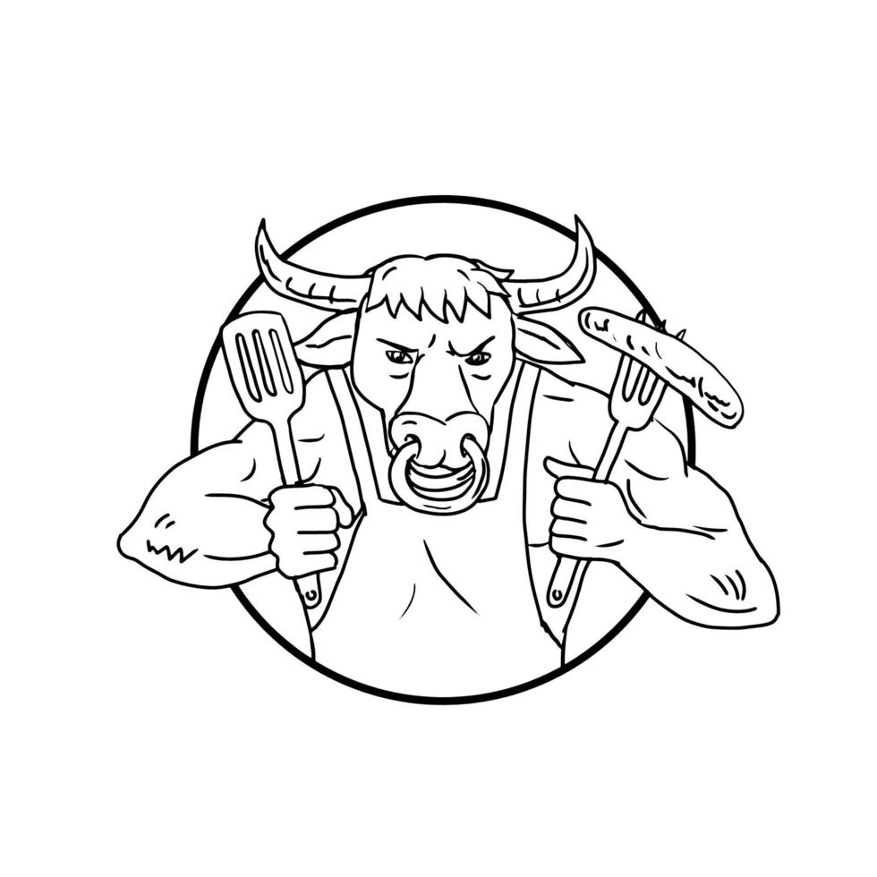 Longhorn bull holding saucisse barbecue dessin en noir et blanc vecteur