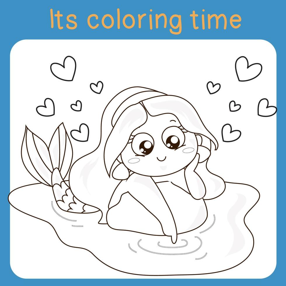 mignonne Sirène princesse. coloration activité feuille de travail. le peu sirène. une magique créature. vecteur contour pour coloration page.
