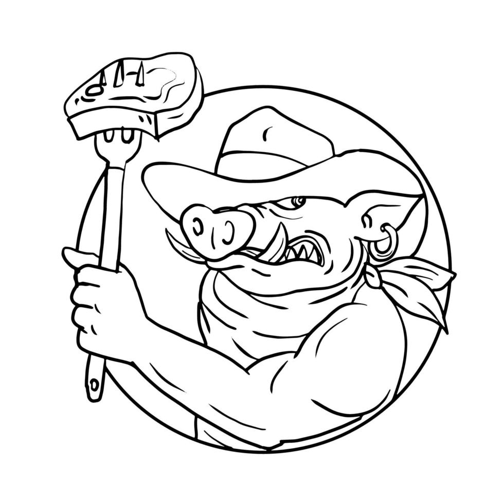 Dessin illustration de style de croquis d'un cochon sauvage de cow-boy tenant une fourchette avec un ensemble de steak barbecue vecteur