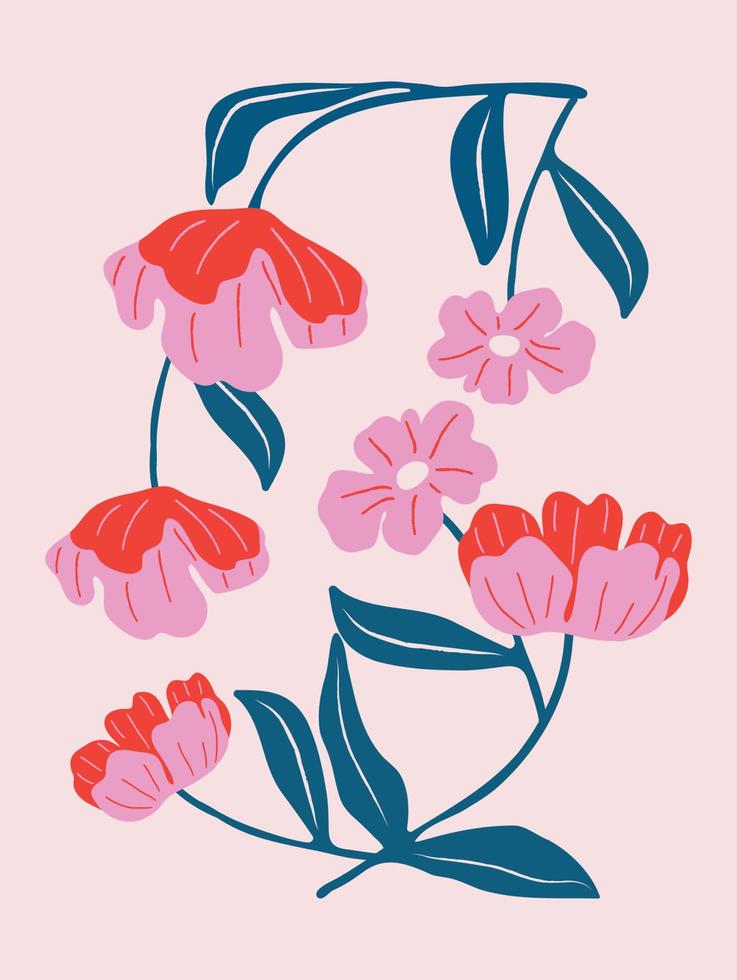 printemps abstrait fleur Contexte vecteur. contemporain art conception avec floral, feuilles, plante dans main tiré style. botanique la nature illustré parfait pour mur art, affiche, fond d'écran, couverture, bannière. vecteur