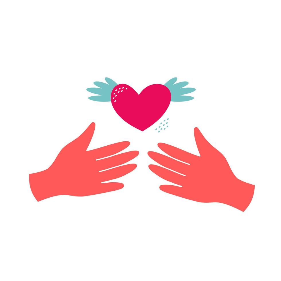 mains Libération le ailé cœur. mains en portant une cœur, donner et partager l'amour à gens concept. vecteur