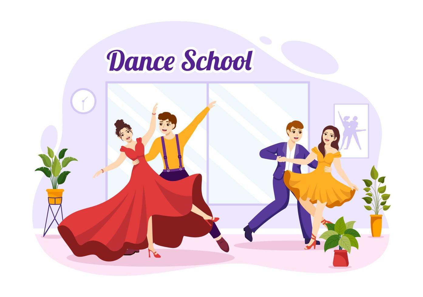 Danse école illustration de gens dansant ou chorégraphie avec la musique équipement dans studio dans plat dessin animé main tiré atterrissage page modèles vecteur