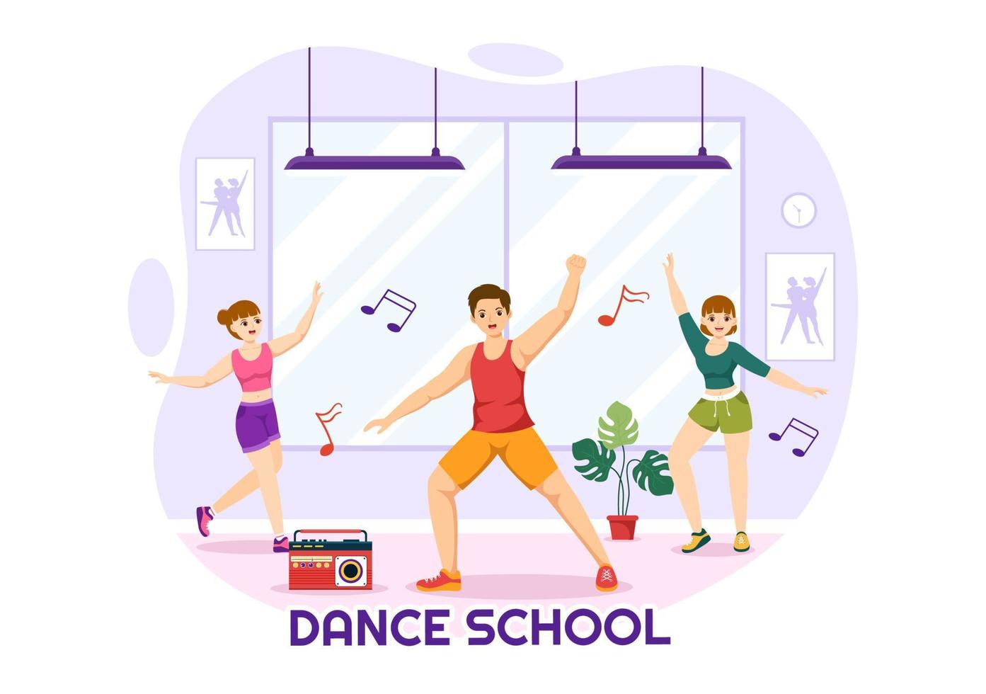 Danse école illustration de gens dansant ou chorégraphie avec la musique équipement dans studio dans plat dessin animé main tiré atterrissage page modèles vecteur