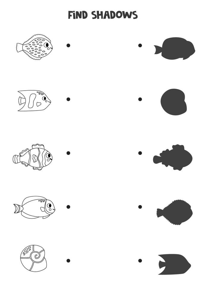 trouver le correct ombres de noir et blanc mer animaux. logique puzzle pour enfants. vecteur