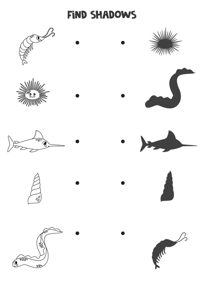 trouver le correct ombres de noir et blanc mer animaux. logique puzzle pour enfants. vecteur