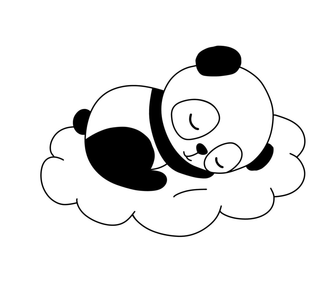 mignonne rêver ours Panda sur nuage. dessin animé main tiré vecteur contour illustration pour coloration livre. ligne bébé animal