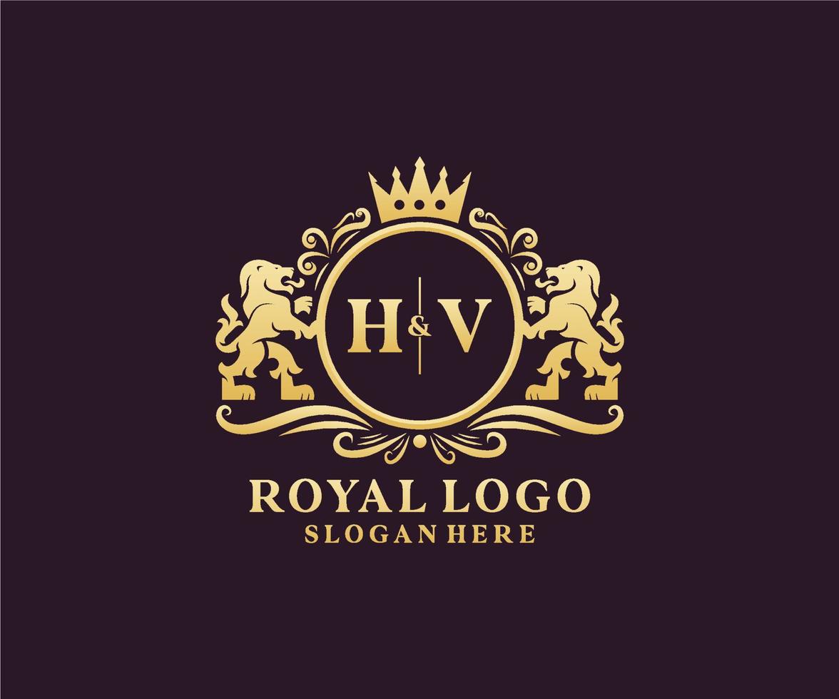 modèle initial de logo de luxe hv lettre lion royal en art vectoriel pour restaurant, royauté, boutique, café, hôtel, héraldique, bijoux, mode et autres illustrations vectorielles.