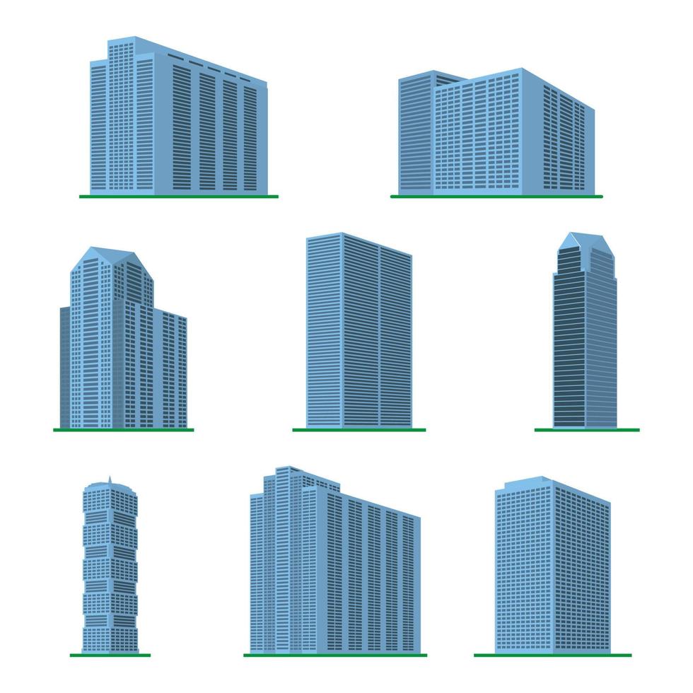ensemble de huit immeubles de grande hauteur modernes sur fond blanc. vue du bâtiment depuis le bas. illustration vectorielle isométrique. vecteur