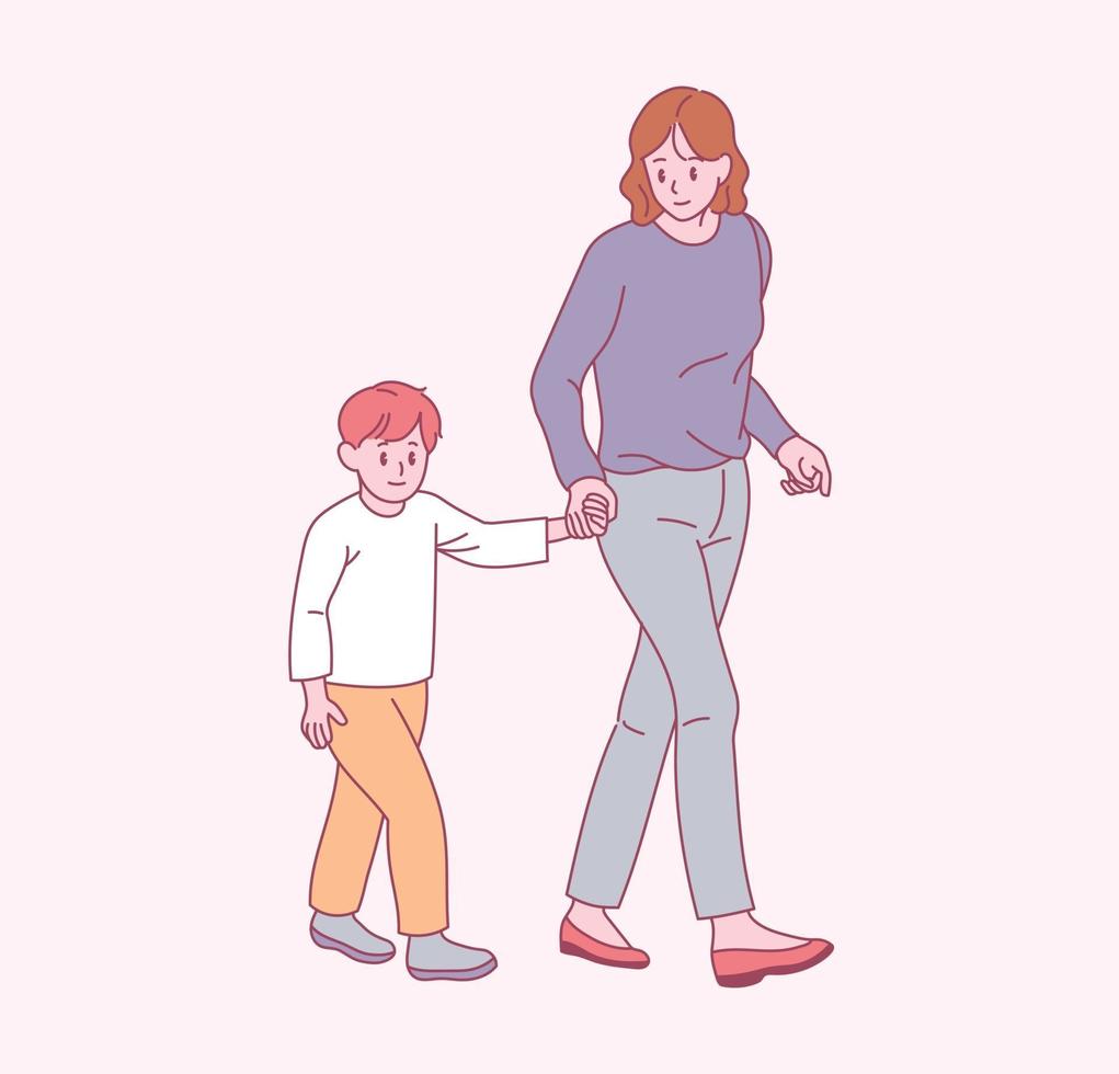 la mère marche en tenant la main de son jeune fils. illustrations de conception de vecteur de style dessiné à la main.