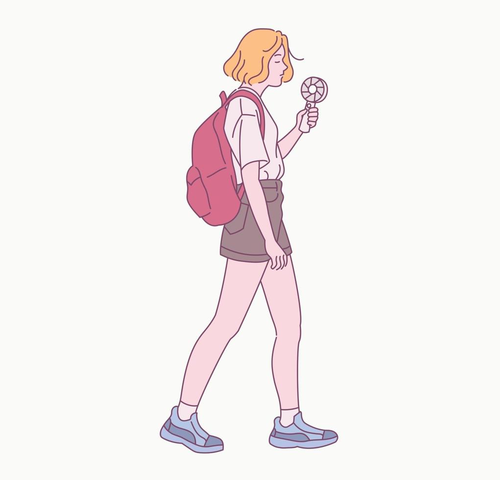 une fille qui marche sur un été chaud avec un cadeau pratique dans ses illustrations de conception de vecteur de style dessiné à la main.