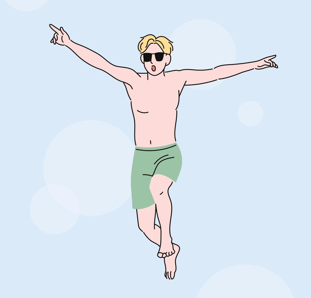 un homme qui est venu à la plage en été saute avec enthousiasme en maillot de bain. illustrations de conception de vecteur de style dessiné à la main.