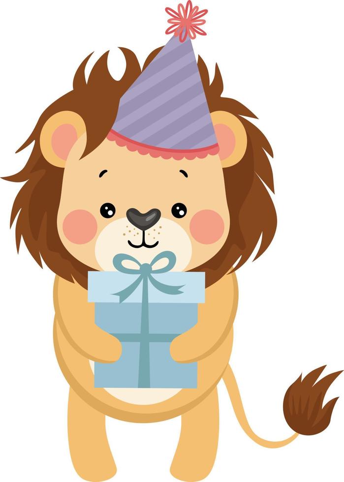 content anniversaire Lion avec chapeau en portant une cadeau boîte vecteur