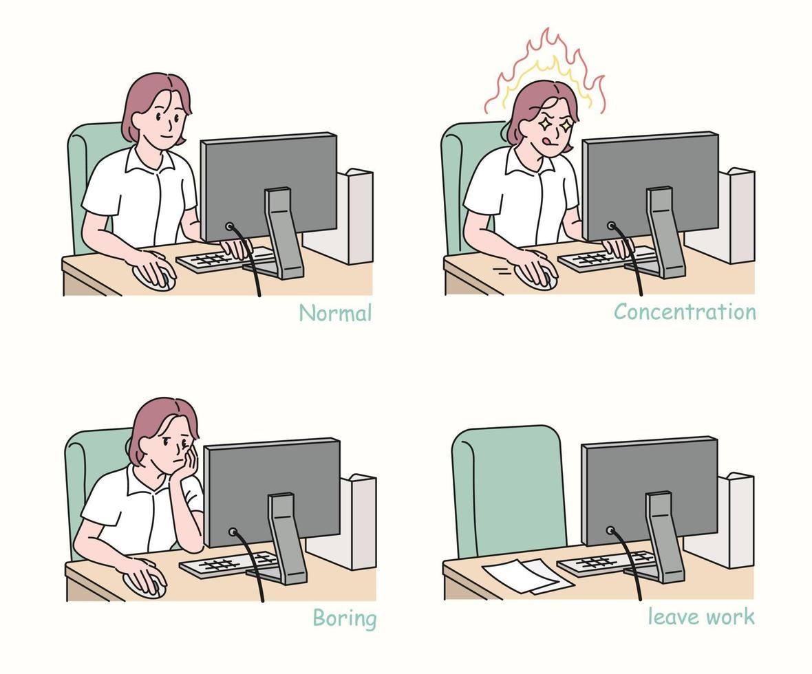 une femme d'affaires travaillant dans un bureau. illustrations de conception de vecteur de style dessiné à la main.