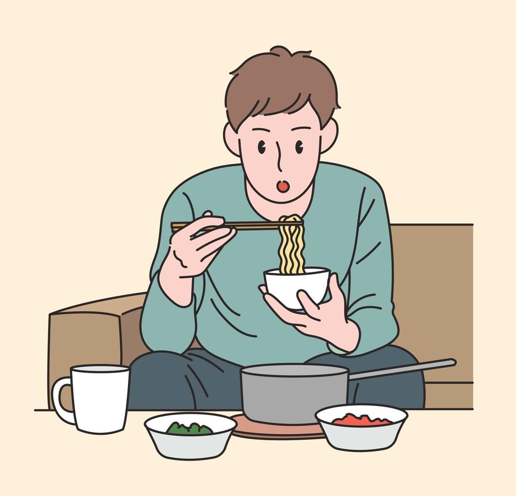 un homme mange des ramen. illustrations de conception de vecteur de style dessiné à la main.