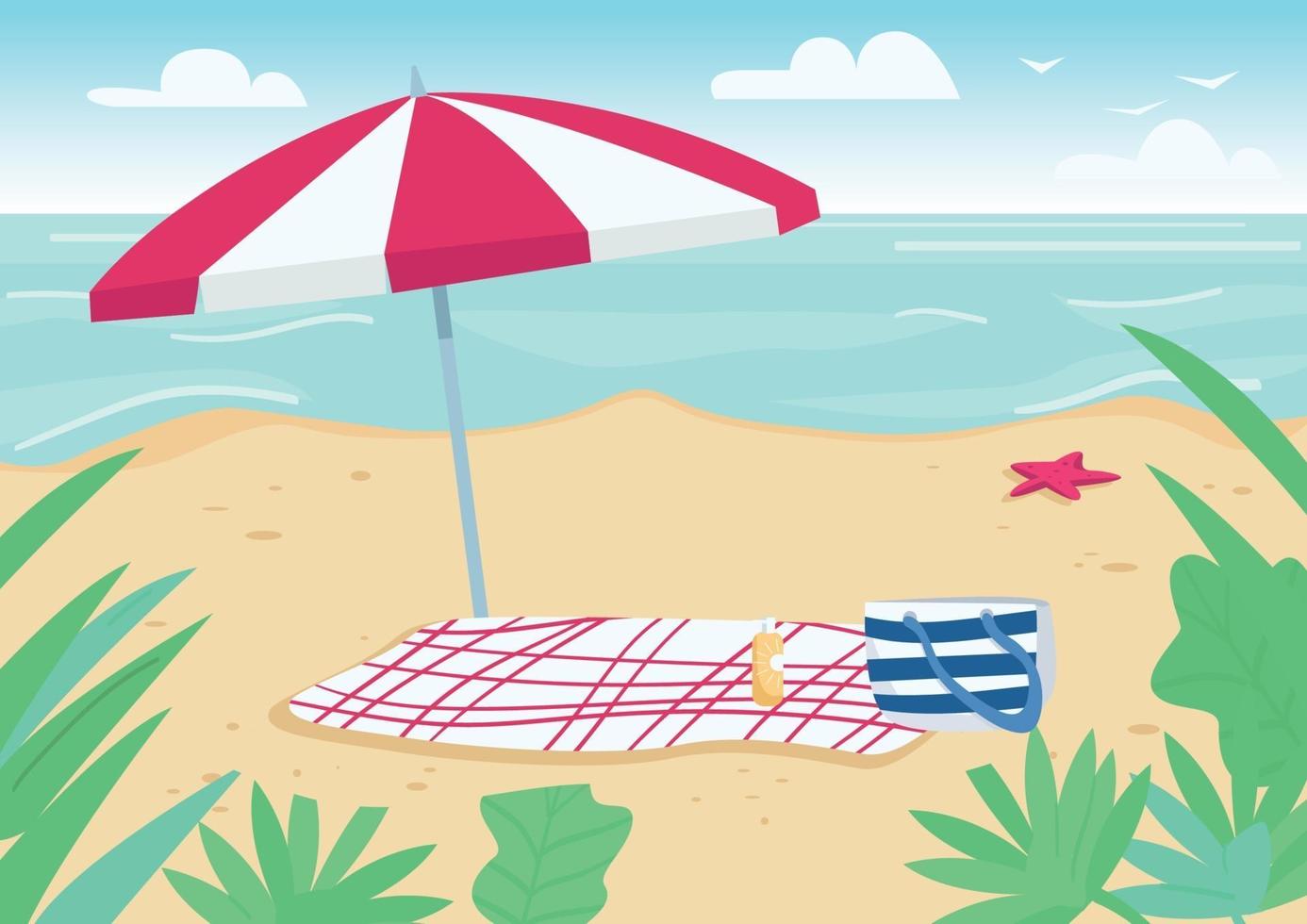 couverture et parasol sur illustration vectorielle de plage de sable plat couleur. serviettes, sacs et bouteilles de crème solaire pour les bains de soleil. vacances d'été. paysage de dessin animé 2d bord de mer avec de l'eau sur fond vecteur