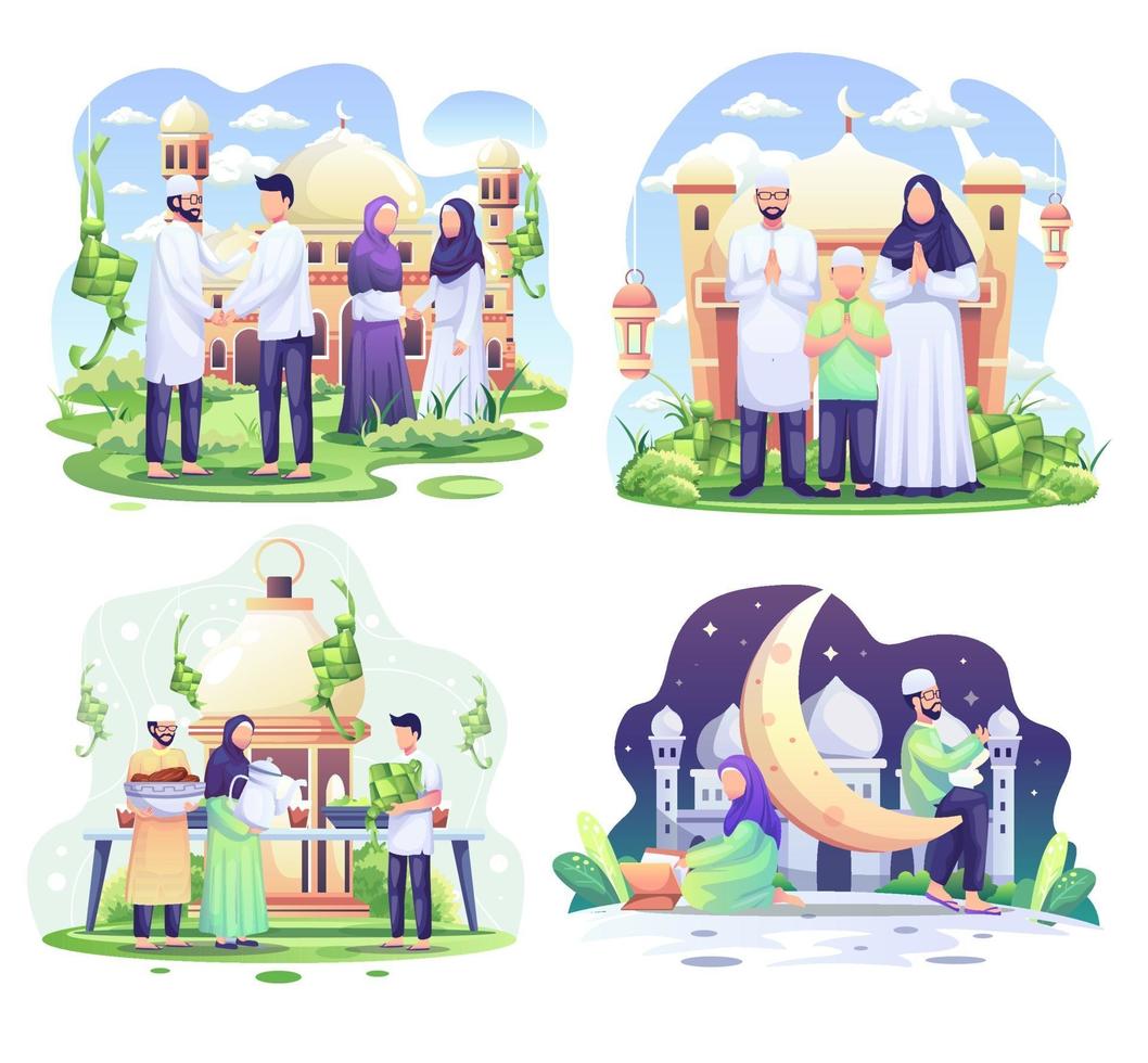 ensemble d'illustration de concept de ramadhan. les musulmans heureux célèbrent le mois sacré du ramadhan, salutation eid mubarak. illustration vectorielle vecteur