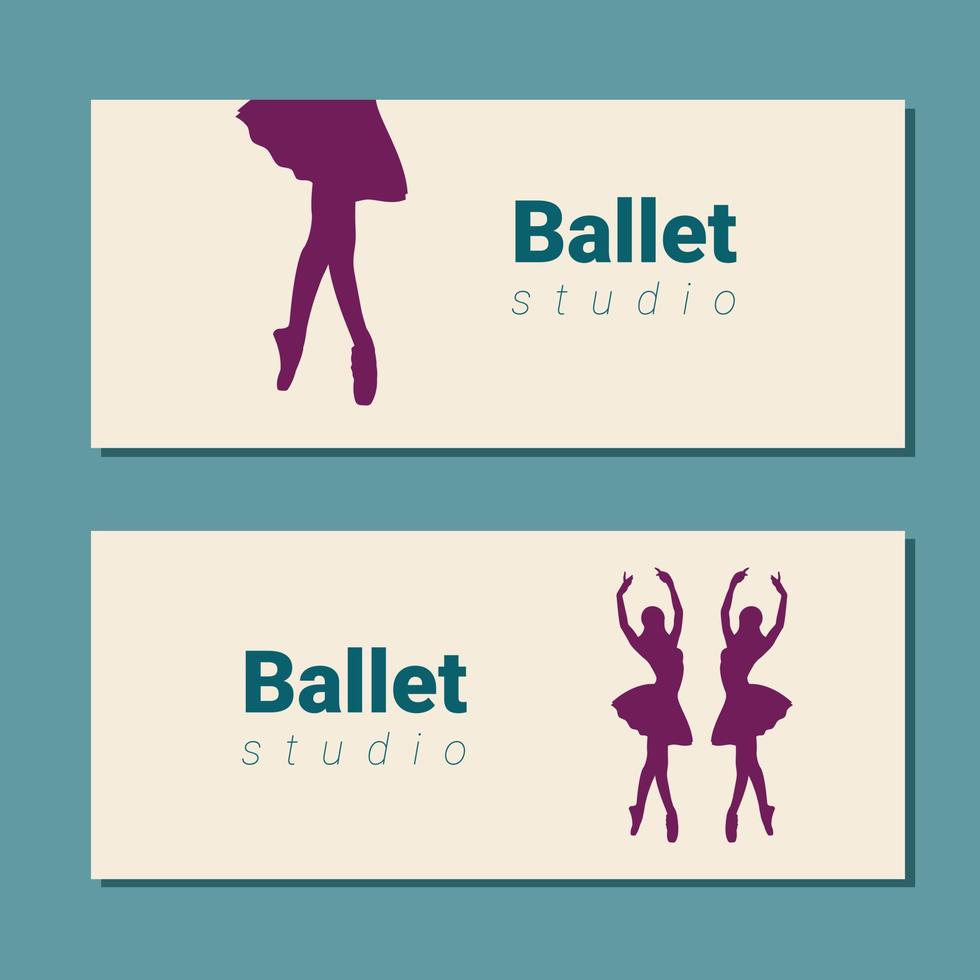 théâtre billet conception. ballet école prospectus modèle. ballerine silhouette dans le tutu et pointe chaussure. bleu et violet carte conception. vecteur illustration