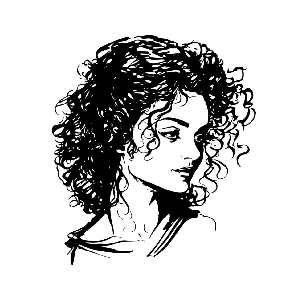 élégant monochrome portrait de une magnifique Jeune femme avec frisé cheveux et une élégant coiffure. vecteur illustration parfait pour mode, beauté, cosmétique, et liés au mode de vie conceptions.