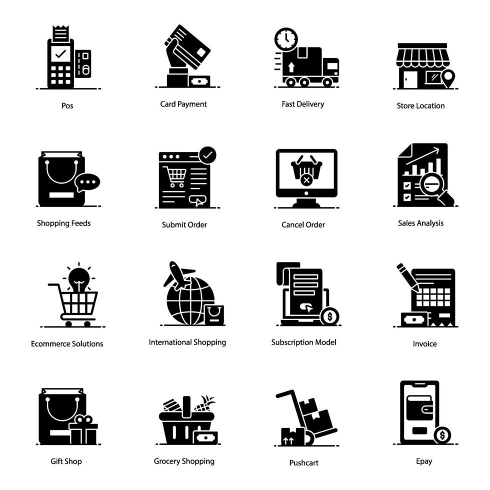 jeu d'icônes de magasinage et de commerce électronique vecteur