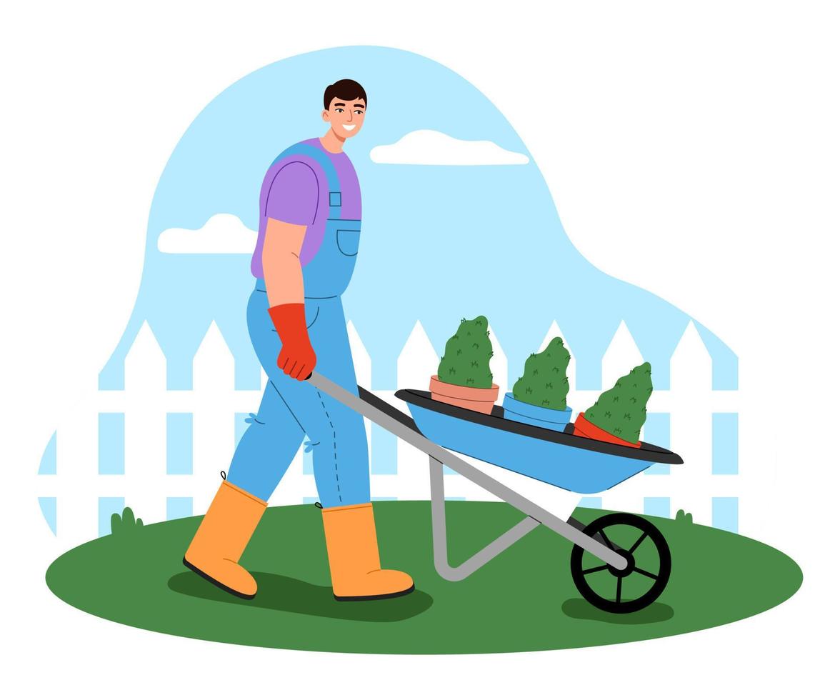 Masculin jardinier travail dans le cour. bricoleur personnage roulant une brouette. jardin entretien concept. plat vecteur illustration.