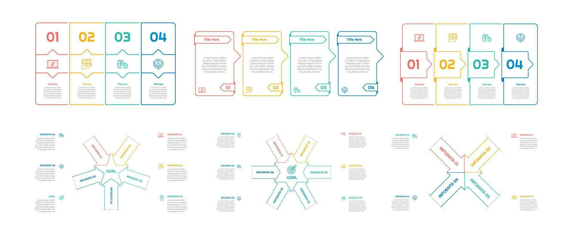 infographie paquet ensemble avec 4, 5, 6 pas, les options ou processus pour flux de travail mise en page, diagramme, annuel rapport, présentation et la toile conception. vecteur