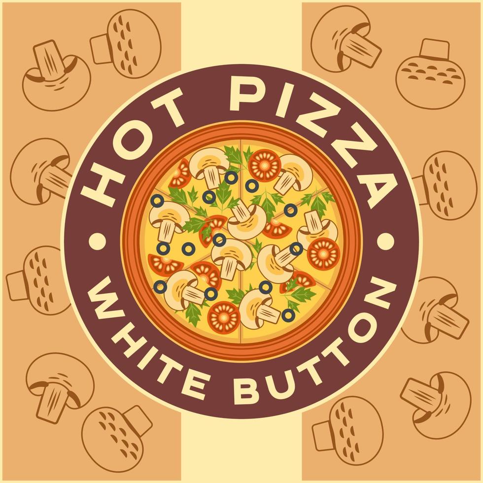 rond logo avec Frais Pizza avec champignons, tomate, olive, persil. traditionnel italien vite aliments. Contexte avec contour champignons. vecteur illustration dans Facile minimal style