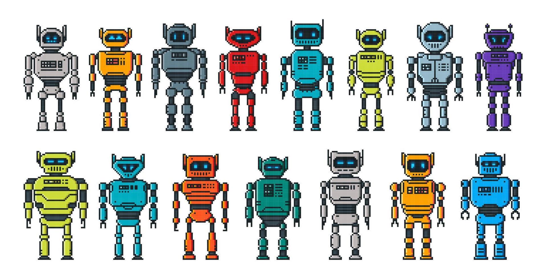 pixel robot personnages, dessin animé Android cyborgs vecteur