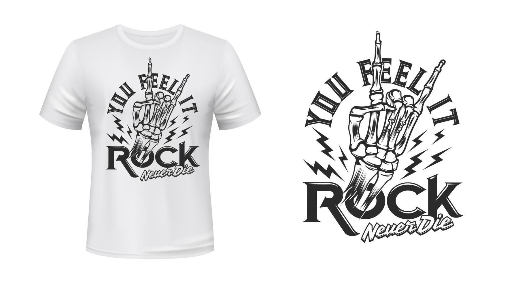 Roche la musique tatouage, T-shirt impression avec squelette main vecteur