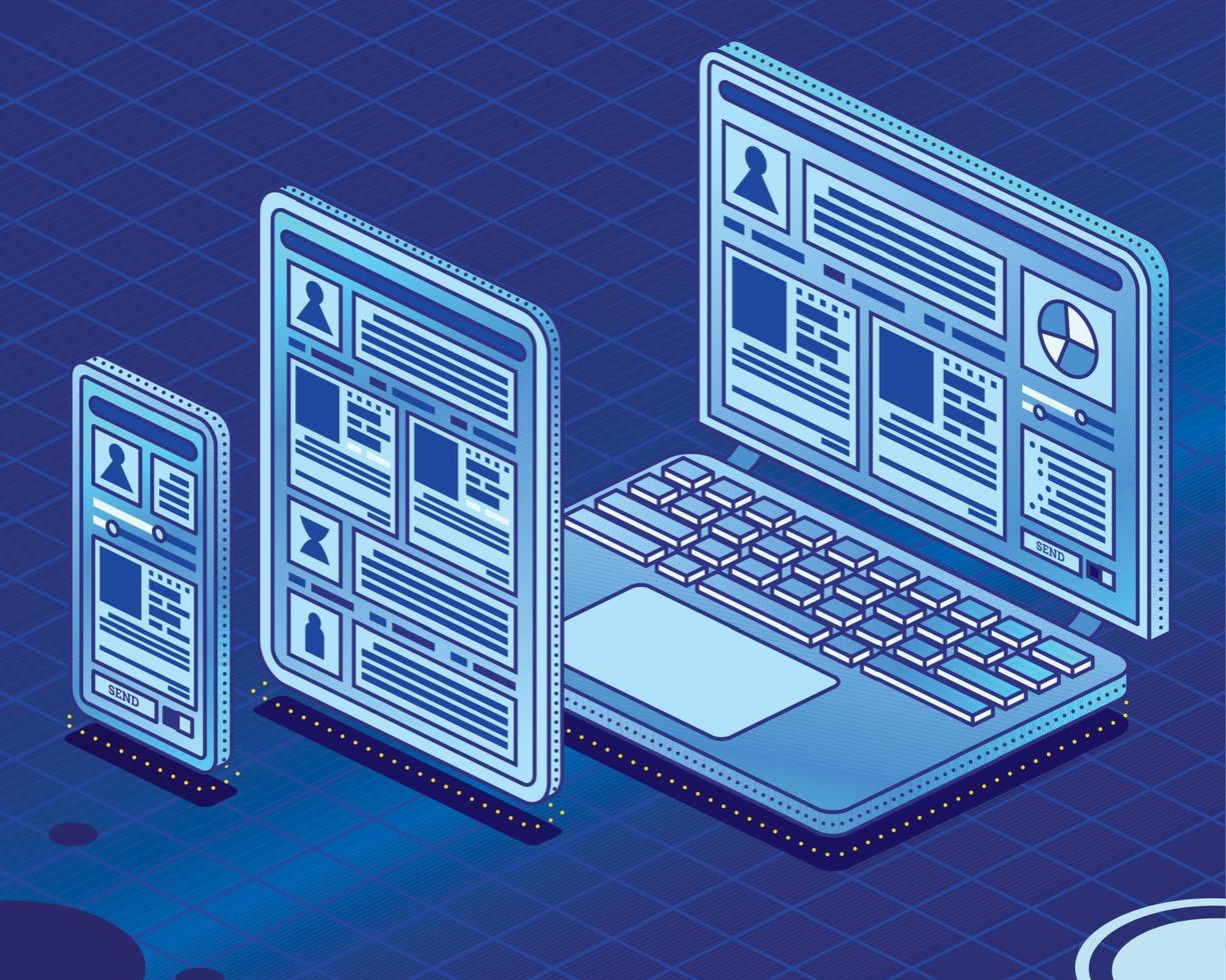 smartphone, ordinateur portable et tablette. illustration vectorielle. ensemble d'appareils numériques modernes isométriques. vecteur