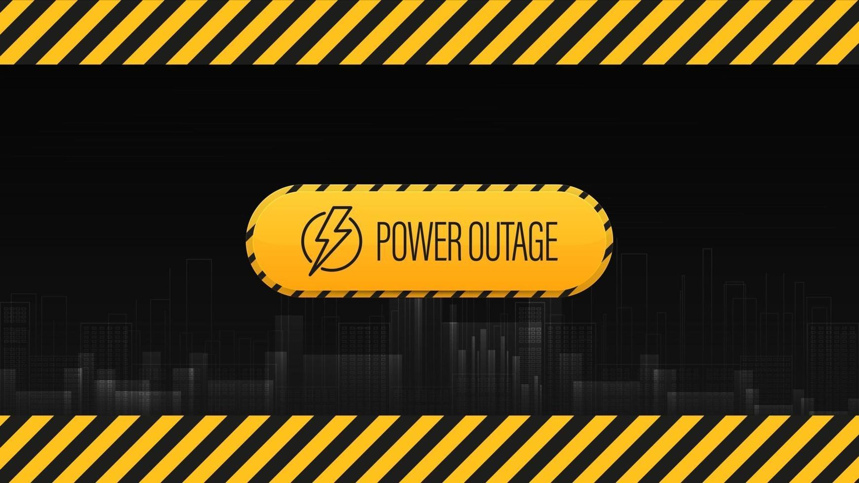 panne de courant, affiche noir et jaune avec panneau d'avertissement et ville sans électricité dans un style numérique sur fond vecteur