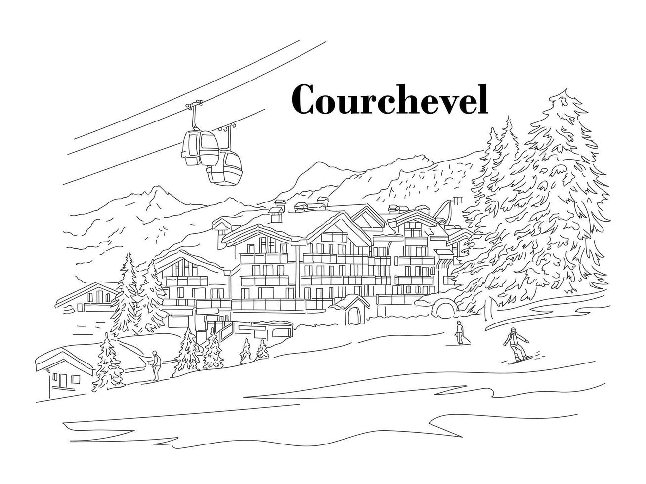 courchevel en hiver. les gens skient. station de ski. illustration linéaire vectorielle vecteur