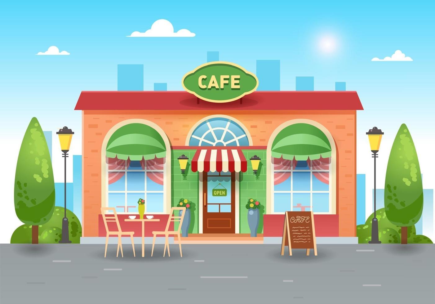 café d'été de la ville. café lumineux dans la ville avec une table. illustration vectorielle plane vecteur