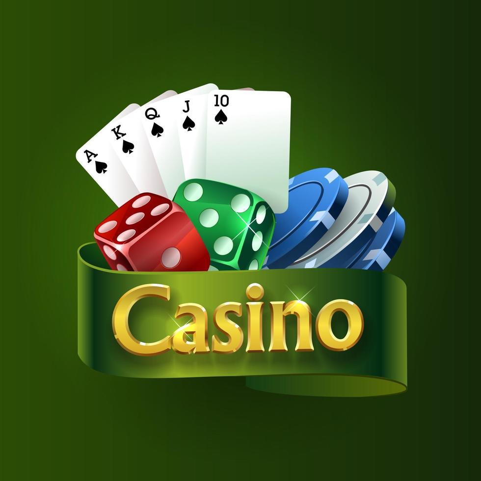 logo de casino sur un ruban vert. les meilleurs jeux de casino. dés, cartes, jetons vecteur