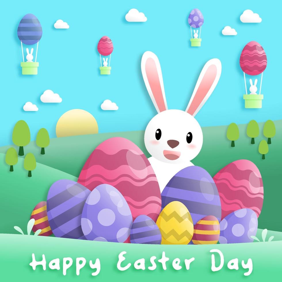 joyeux jour de pâques dans un style art papier avec des oeufs de lapin et de pâques. carte de voeux, affiches et papier peint. illustration vectorielle. vecteur