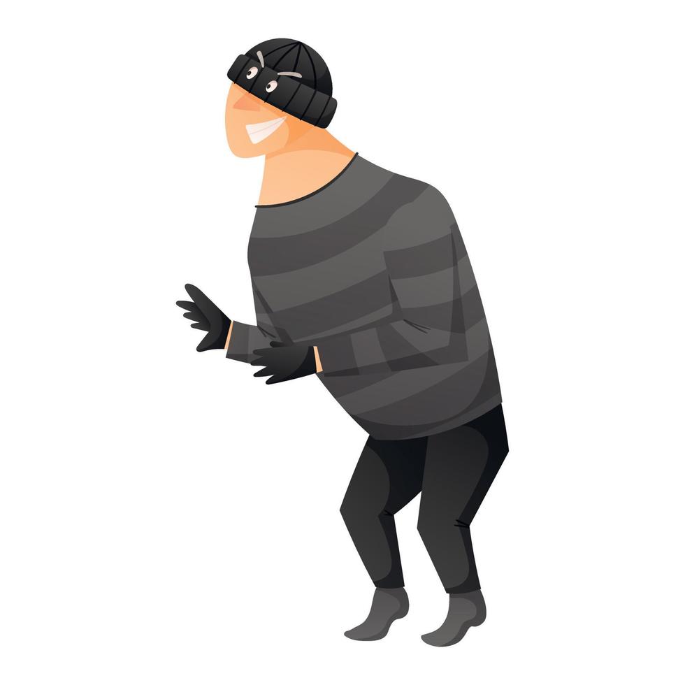 une dessin animé voleur ou escroc dans noir vêtements, cagoule ou chapeau et gants se faufile sur la pointe des pieds et sourit. vecteur