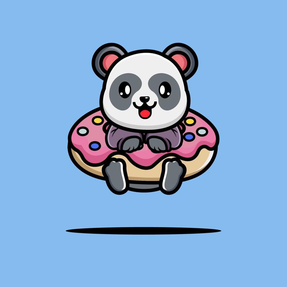 mignonne Panda étreinte gros Donut dessin animé vecteur