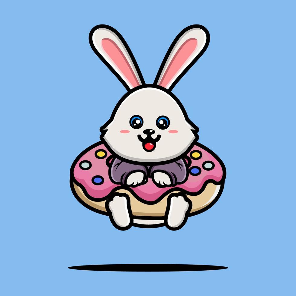 mignonne lapin étreinte gros Donut dessin animé vecteur