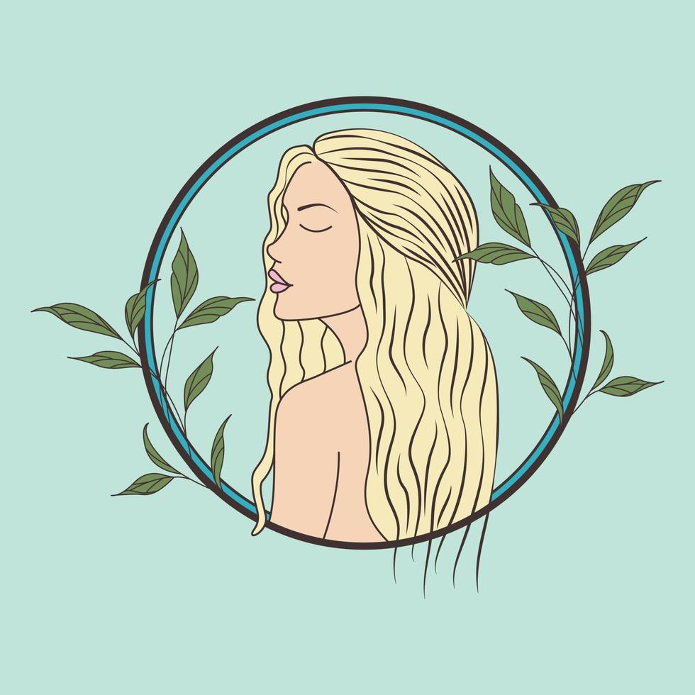 magnifique femme portrait avec blond cheveux et feuilles branches illustration. vecteur