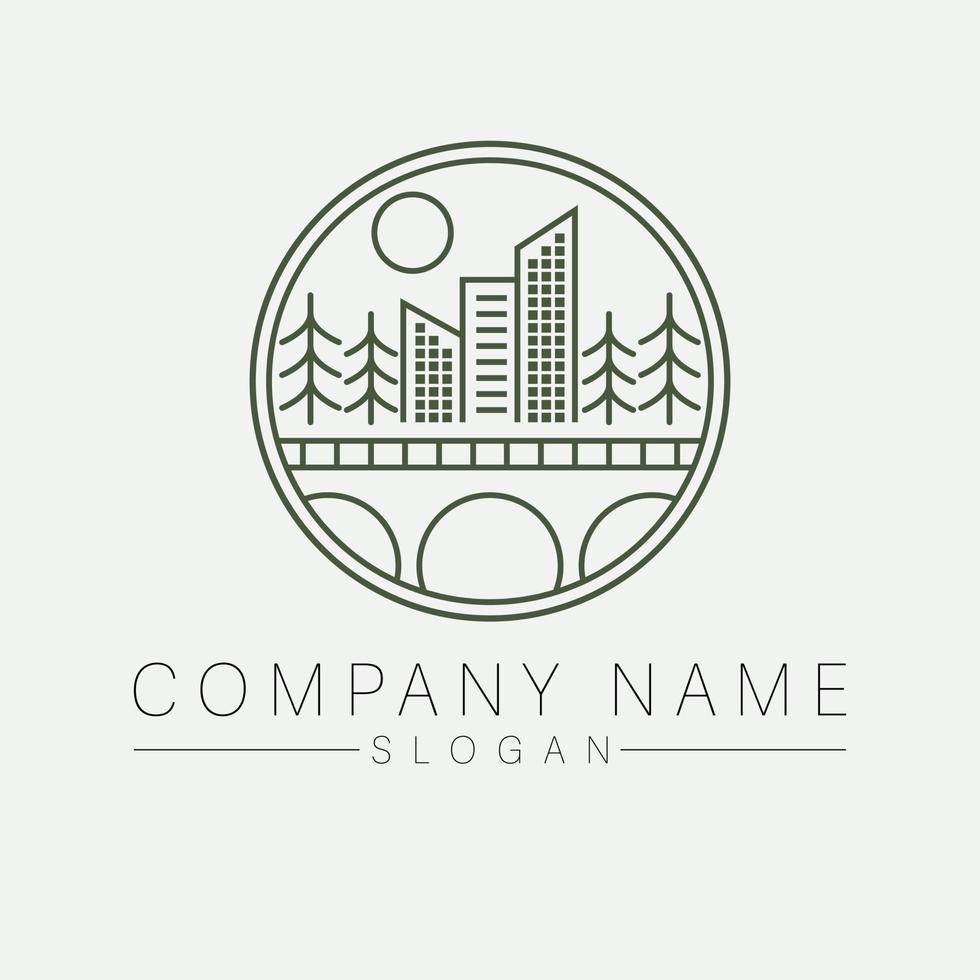 réel biens entreprise vecteur logo conception. pont et ville moderne logotype. ville paysage plat logo modèle.