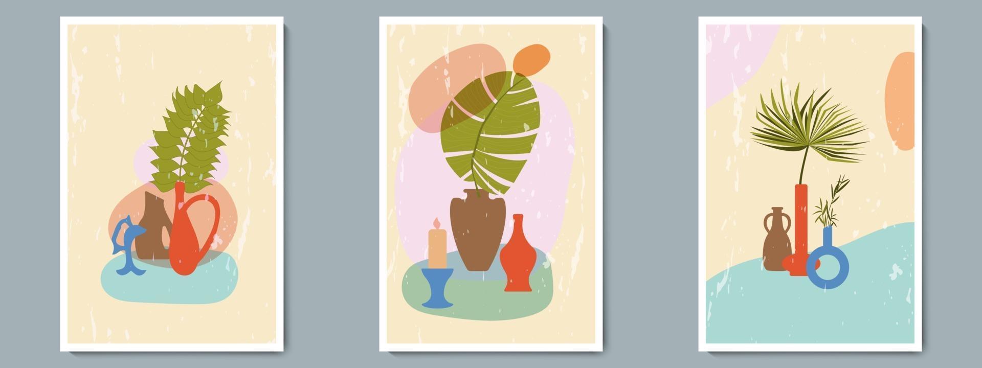 vase en poterie dessiné à la main serti de plantes tropicales et forme abstraite simple. collage à la mode pour la décoration avec texture grunge. vecteur