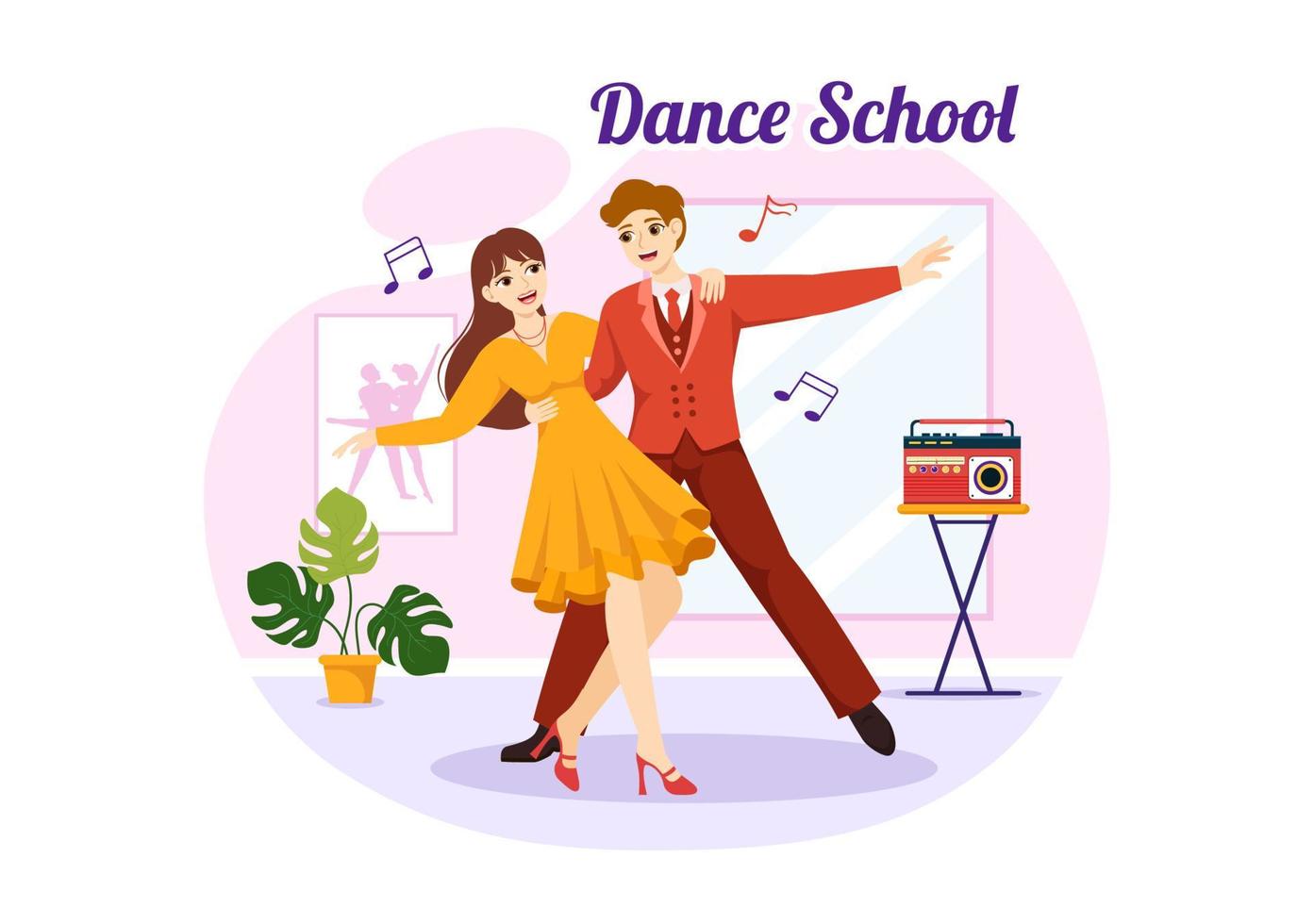 Danse école illustration de gens dansant ou chorégraphie avec la musique équipement dans studio dans plat dessin animé main tiré atterrissage page modèles vecteur