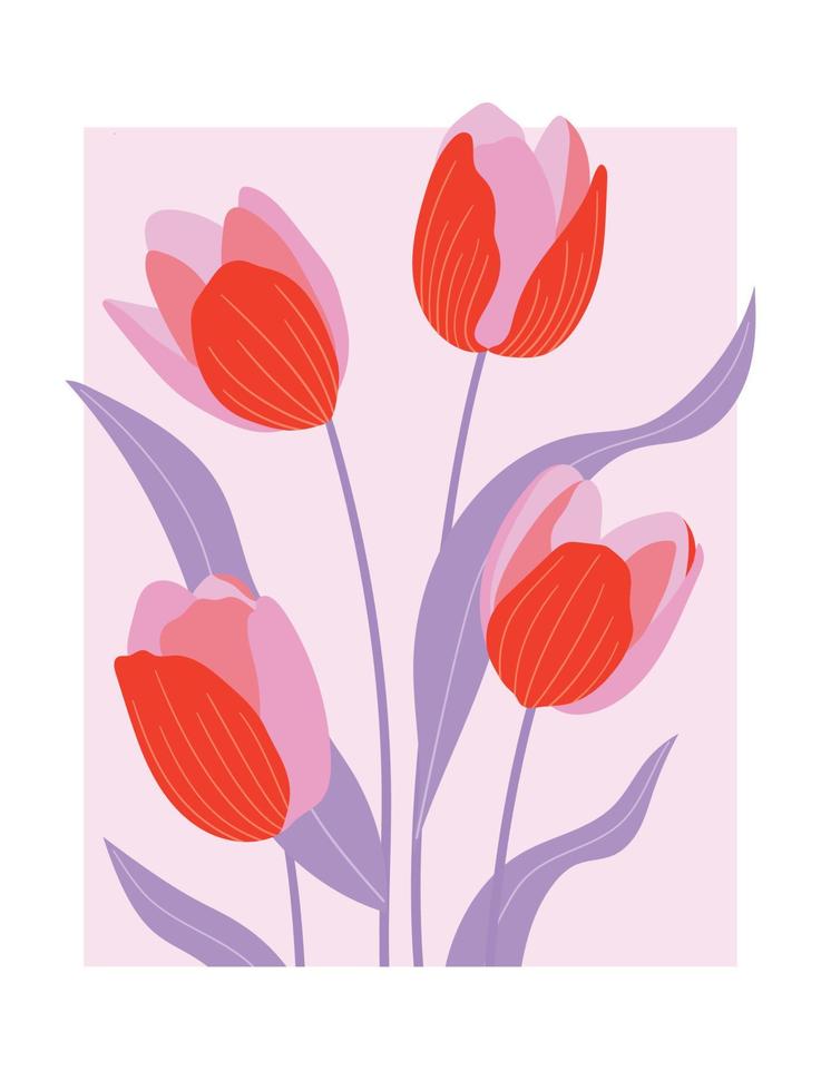 printemps abstrait tulipe fleur Contexte vecteur. contemporain art conception avec floral, feuilles, plante dans main tiré style. botanique illustré parfait pour mur art, affiche, fond d'écran, couverture, bannière. vecteur