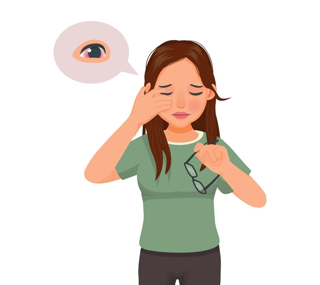 Jeune femme a conjonctivite ou rose œil, endolori et gonflé yeux car de infection, irritation ou inflammation les allergies à poussière vecteur