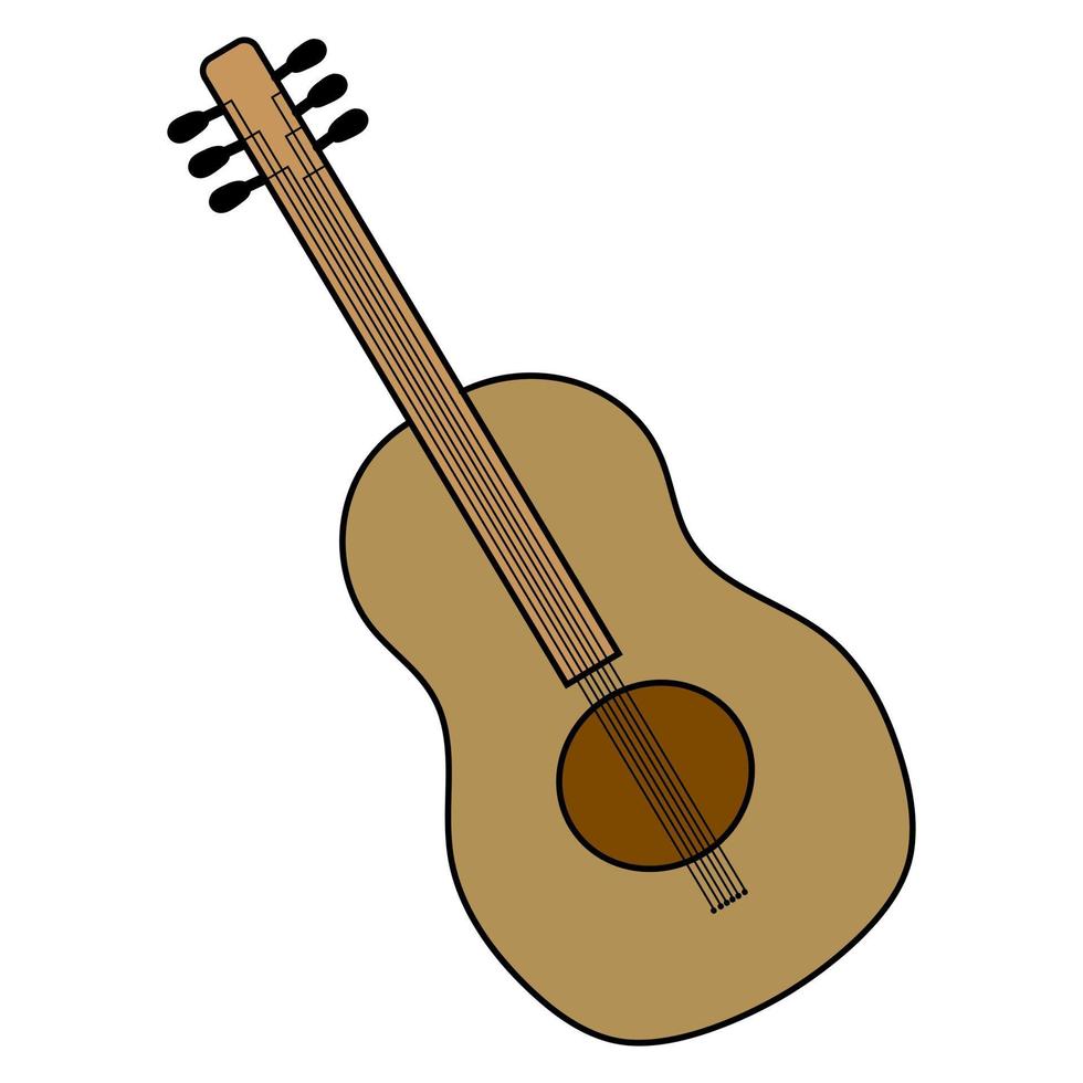 classique en bois guitare. chaîne pincé musical instrument. petit acoustique guitare ou ukulélé. Roche ou le jazz équipement. autocollant avec contour. isolé sur blanc Contexte. vecteur illustration