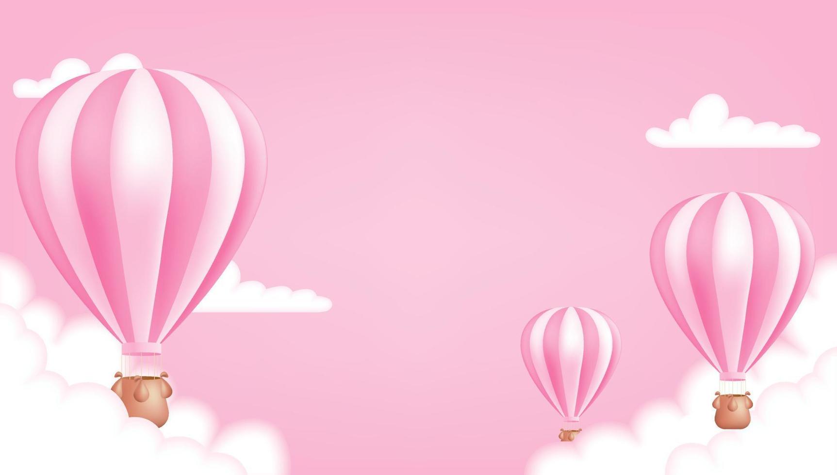 une chaud air ballon sur le rose Contexte. mignonne pastel les enfants illustration parfait pour une affiche, invitation ou carte. vecteur illustration modèle pour anniversaire anniversaires, et bébé douches.