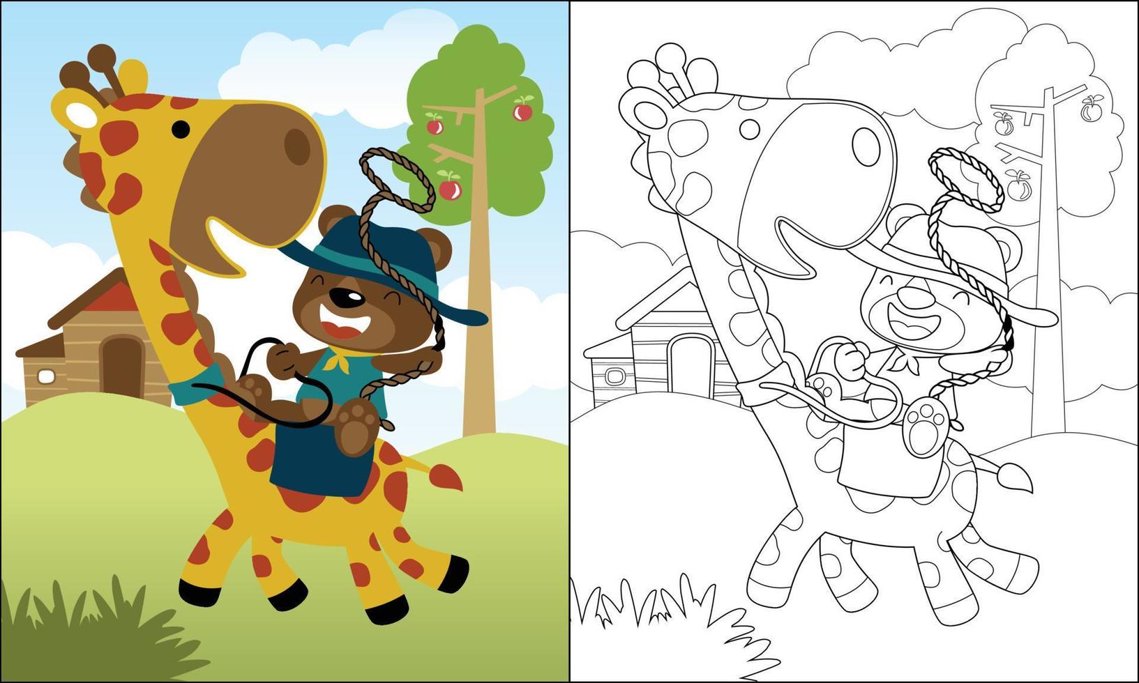 coloration livre de marrant ours dessin animé dans cow-boy costume équitation girafe sur cour de ferme Contexte vecteur
